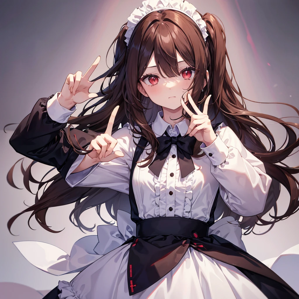 Maid clothes,Red eyes,Long Hair,Brown Hair,girl,He is making a peace sign with his left hand and looking at me.,Smooth hair,