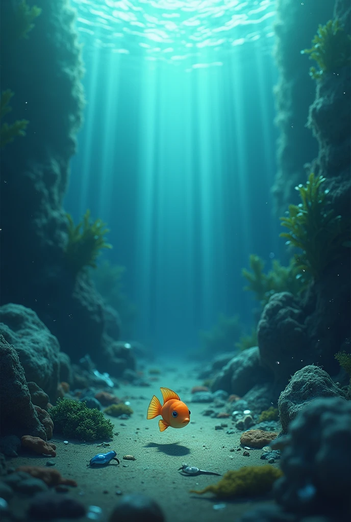 anime,In the sea,There is trash on the ground,A small fish finds trash