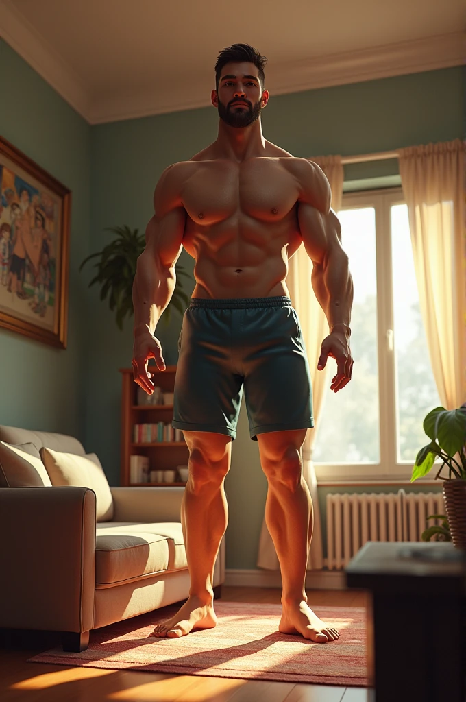 A 10 feet tall young athletic slim giant standing in his living room.