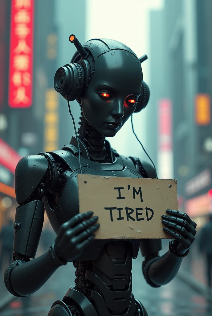 Stereo robot with sad expression in urban area & holding a sign that says I&#39;m Tired 