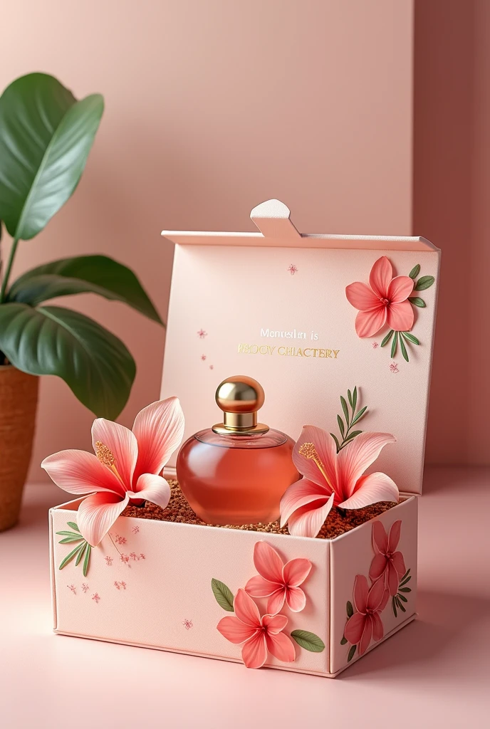 Tropical floral cardboard box designs for storing perfume , of luxury and elegance , Pink with beige tones
