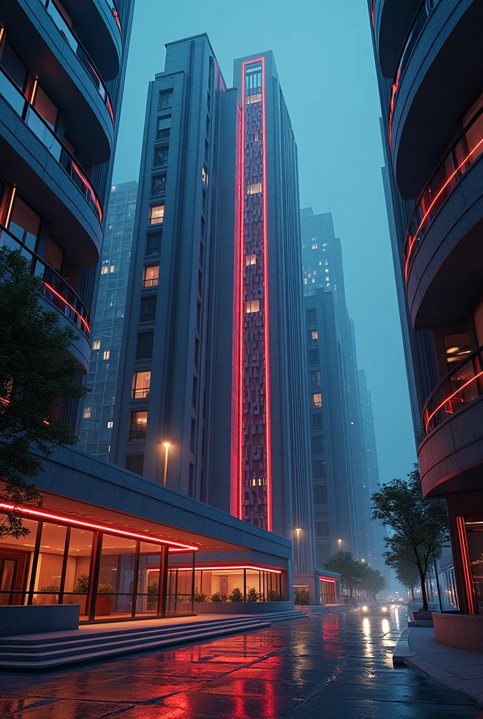 art deco design,urban buildings,streamline moderne,futuristic architecture, Abstraction,modern style,Luxury and Luxury,Future night view,Futuristic decorative elements,Metallic,number line,sci-fi lamp,Virtual Engine,Unreal rendering,neon lights, apartment building