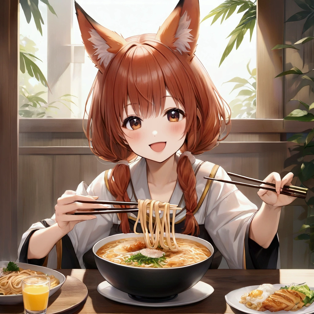 One person,Fox-eared girl,Udon、(((深い器の中に薄っぺらい黄褐色の札の入ったUdon)))、,Chopsticks in the right hand,eat, looks happy、cute、Realistic Anime、