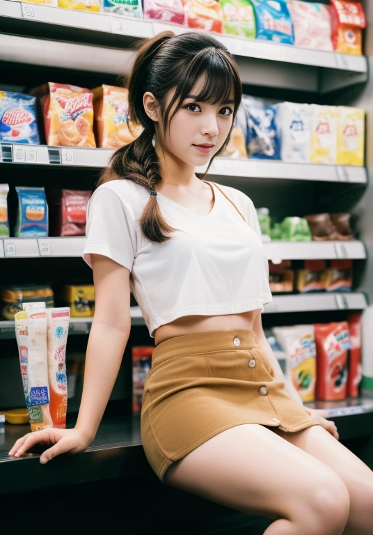 (masterpiece: 1.3), (8k, Realistic, RAW Photos, Highest quality: 1.4), A beautiful 20-year-old Japanese woman working at a convenience store, (Random Hairstyles: 1.2), Ultra Detail Face, Eye on the details, double eyelid, Sharp focus: 1.2, Beautiful woman: 1.4, Light brown hair, Highest quality, masterpiece, Ultra-high resolution, (Realistic: 1.4), Ahegao, Shining Sweat, Camel Toe。Shining Sweat, thin, Serious expression, Camel Toe。(Convenience store uniform)、(Inside a convenience store、Slim legs, Slim thighs, Cowboy Shot, Shot with Hasselblad, Cinematic lighting, Perfect beauty, mini skirt、