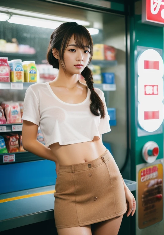 (masterpiece: 1.3), (8k, Realistic, RAW Photos, Highest quality: 1.4), A beautiful 20-year-old Japanese woman working at a convenience store, (Random Hairstyles: 1.2), Ultra Detail Face, Eye on the details, double eyelid, Sharp focus: 1.2, Beautiful woman: 1.4, Light brown hair, Highest quality, masterpiece, Ultra-high resolution, (Realistic: 1.4), Ahegao, Shining Sweat, Camel Toe。Shining Sweat, thin, Serious expression, Camel Toe。(Convenience store uniform)、(Inside a convenience store、Slim legs, Slim thighs, Cowboy Shot, Shot with Hasselblad, Cinematic lighting, Perfect beauty, mini skirt、