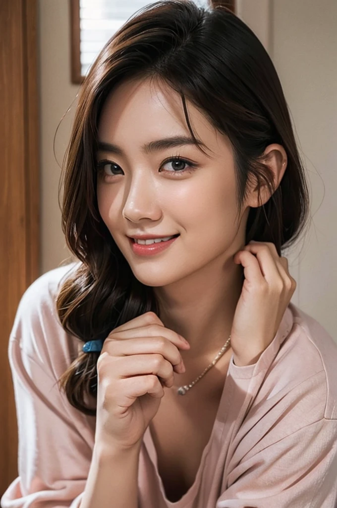 (Highly realistic photos, High resolution, Detailed face, Fine grain), ((Filming in the room))、Japanese men,Beautiful Skin、 20-year-old, A variety of expressions, alone:1, Slim figure, Round eyes、Various hairstyles, Casual clothing, 写真の中でalone、Selfie、Photographed in natural light、Simple Necklace、Spring Clothes、Looking at the camera、smile