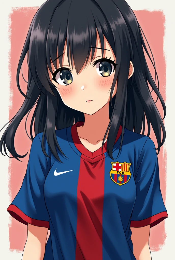 An 18-year-old girl, anime version with black hair, Boca Juniors team jersey.