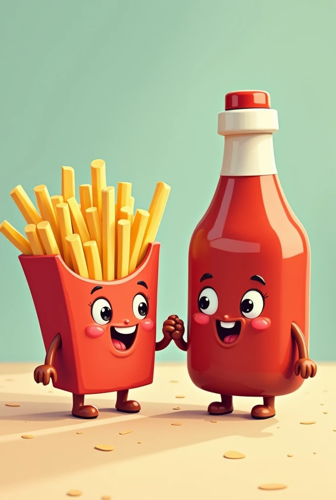 Cartoon drawing of French fries holding hands with a bottle of ketchup.