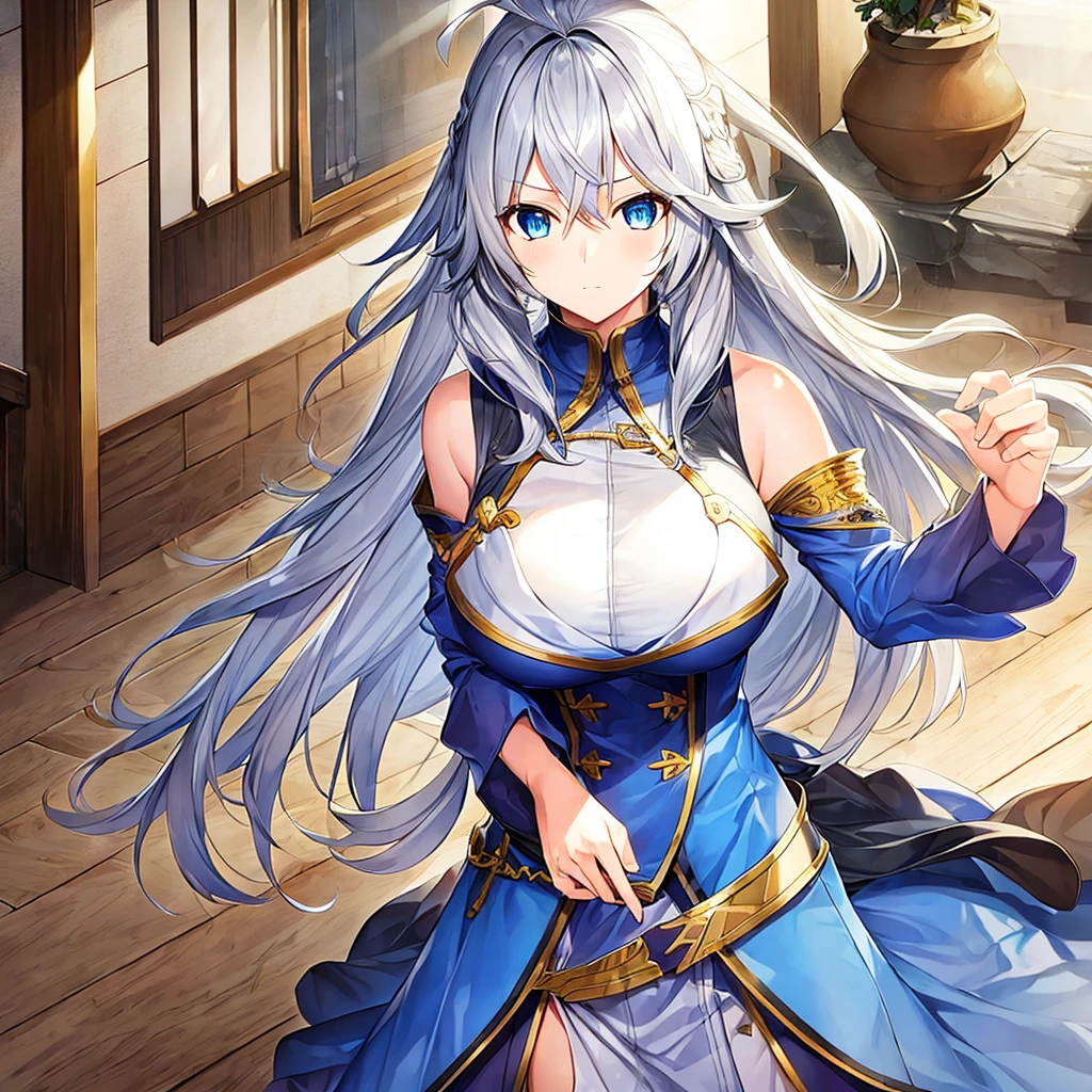 One girl, Long Hair, Bangs between the eyes, Gray Hair, Character portrait, blue eyes, Anime Style, Ahoge, Character design drawings,