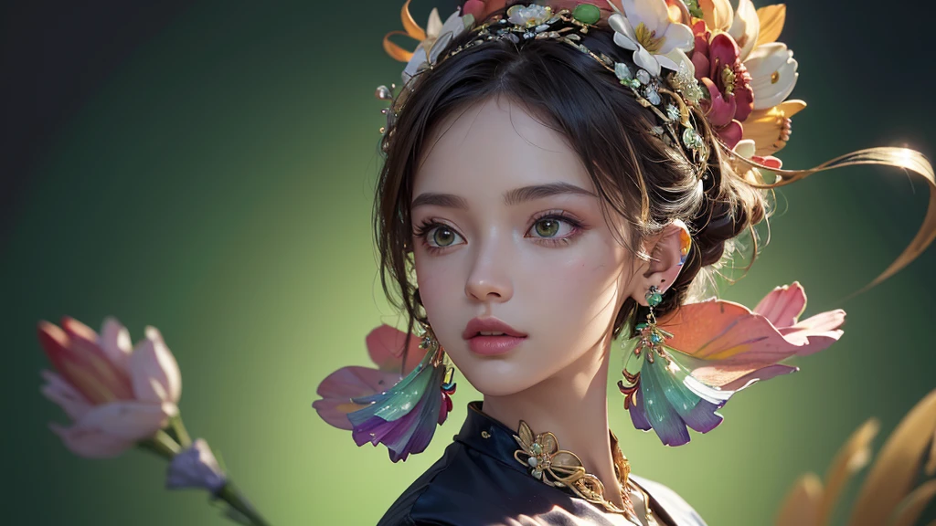 32K, 最高quality, 最高masterpiece, (ultra-Detailed Background, Detailed Background), High resolution, Super detailed, Very detailedな, One girl, (bouquet:1.3), (Tangled:1.2), (Geometric:1.2),(colorful),(masterpiece, quality, best quality, Official Art, Beautiful and beautiful:1.2), (1 girl:1.3), Very detailed,(colorful:1.1)(Flowers:1.3),Most detailed,(Tangled:1.2), whole body, (Abstract background:1.3), (Skin glows), (Many colors:1.4), ,(Earrings Jewelry:1.5), Light green background,