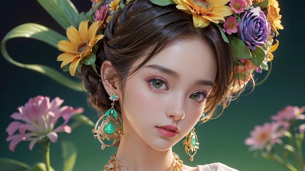 32K, 最高quality, 最高masterpiece, (ultra-Detailed Background, Detailed Background), High resolution, Super detailed, Very detailedな, One girl, (bouquet:1.3), (Tangled:1.2), (Geometric:1.2),(colorful),(masterpiece, quality, best quality, Official Art, Beautiful and beautiful:1.2), (1 girl:1.3), Very detailed,(colorful:1.1)(Flowers:1.3),Most detailed,(Tangled:1.2), whole body, (Abstract background:1.3), (Skin glows), (Many colors:1.4), ,(Earrings Jewelry:1.5), Light green background,