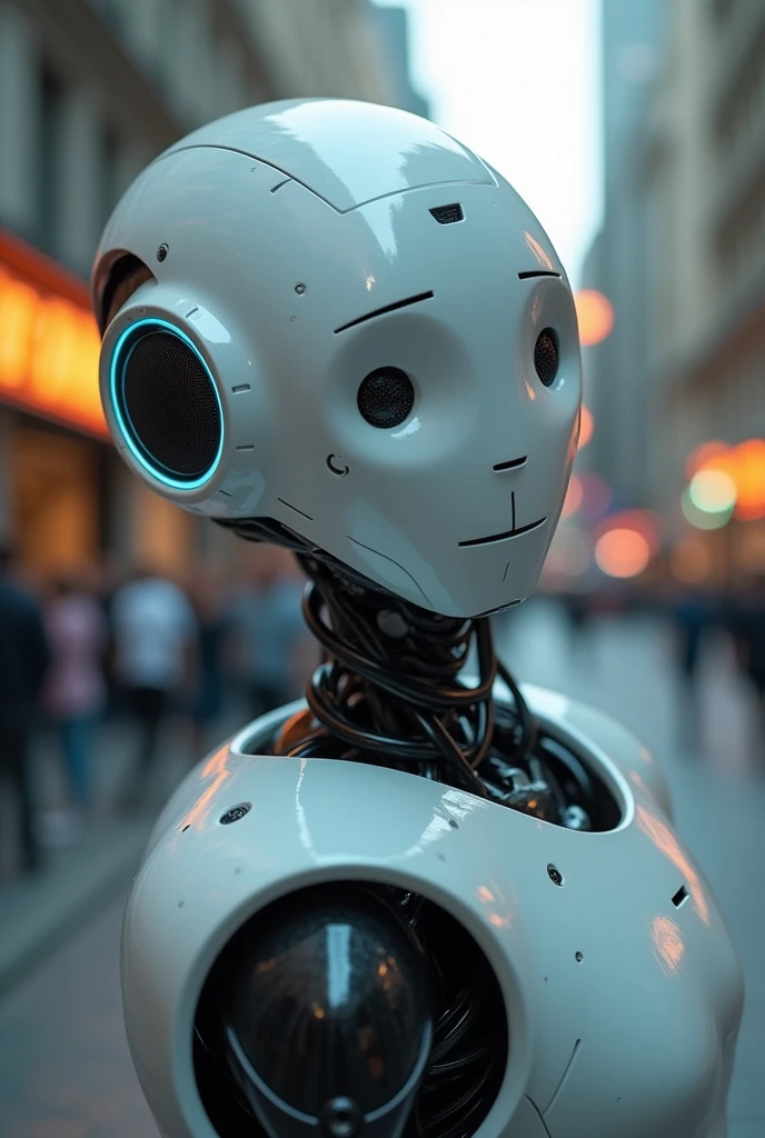 robot man face, looking to the camera, with a face smiling