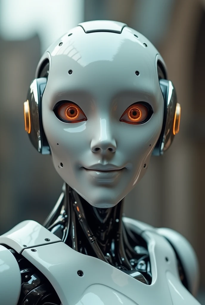 robot man face, looking to the camera, with a face smiling