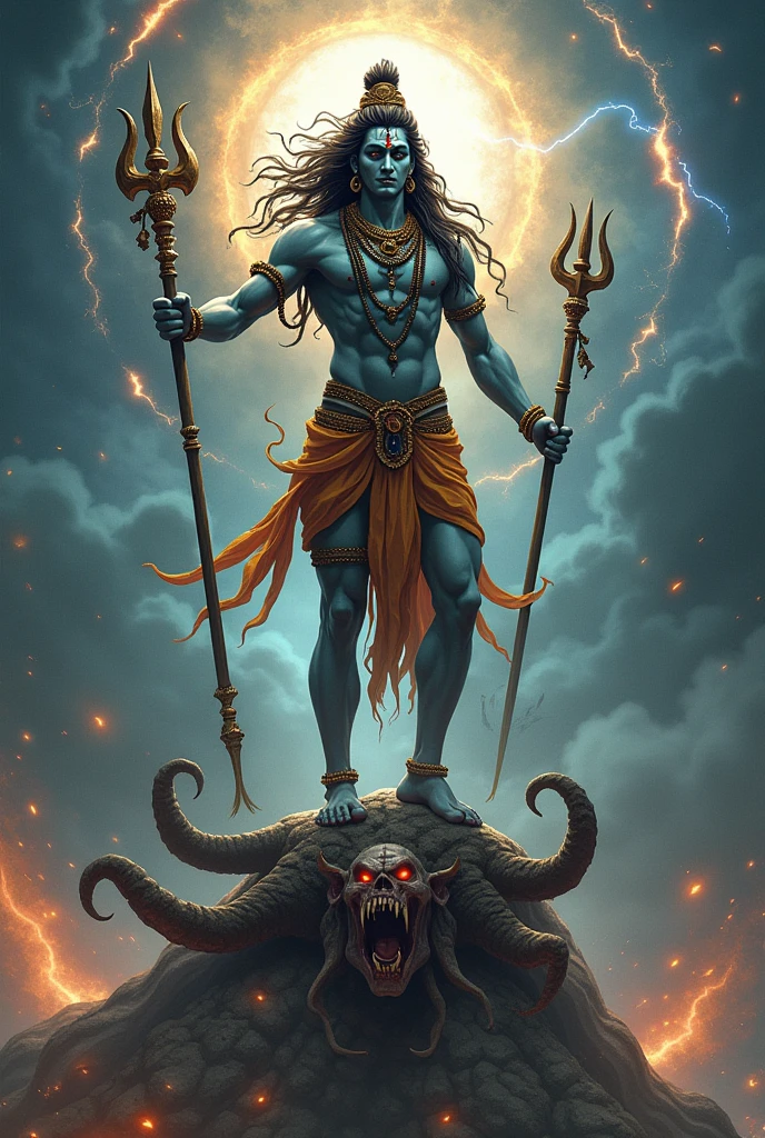 Draw a lord shiva stands on a demon
