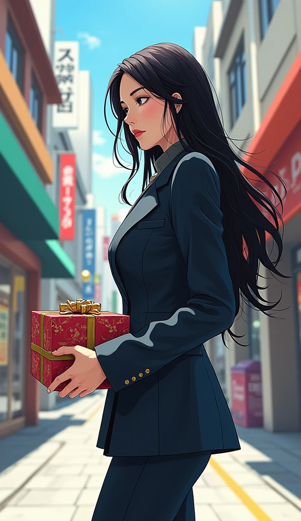 ((A woman with long hair)),Standing on the side of the street,Black Hair,Ladies suits,Japanese comic style,Holding a gift box,Shopping
