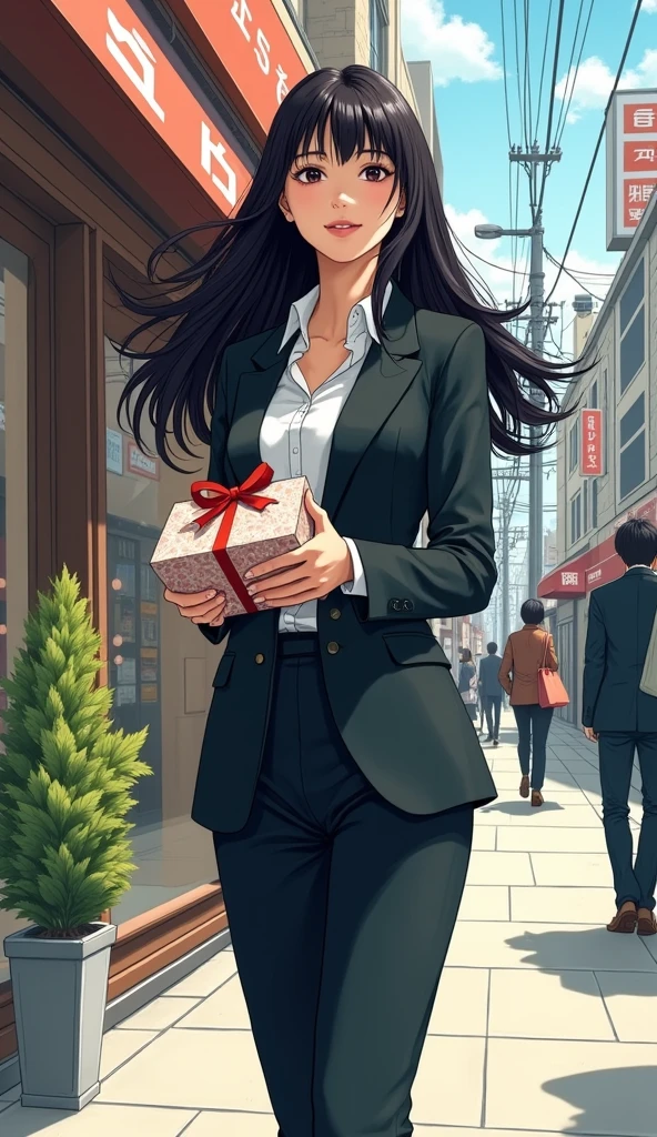 ((A woman with long hair)),Standing on the side of the street,Black Hair,Ladies suits,Japanese comic style,Holding a gift box,Shopping