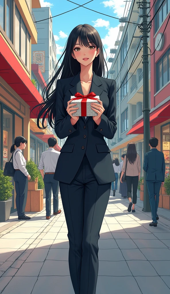 ((A woman with long hair)),Standing on the side of the street,Black Hair,Ladies suits,Japanese comic style,Holding a gift box,Shopping