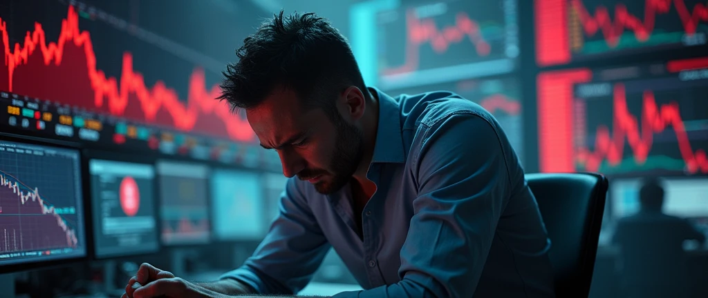 stressed stock exchange trader, overwhelmed and distraught, struggling to comprehend a sudden stock market collapse, surrounded by screens displaying plummeting red graphs and negative ticker information, financial crisis concept vividly portrayed with a stock broker in despair, intense focus on the emotion of shock and frustration, dark and tense atmosphere with harsh lighting emphasizing the urgency and severity of the situation, real-time data flashing in the background, capturing the chaos and anxiety of a market crash
