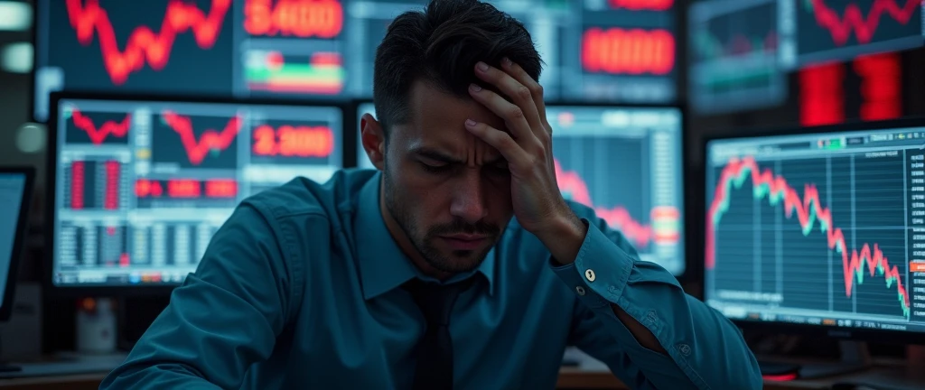 stressed stock exchange trader, overwhelmed and distraught, struggling to comprehend a sudden stock market collapse, surrounded by screens displaying plummeting red graphs and negative ticker information, financial crisis concept vividly portrayed with a stock broker in despair, intense focus on the emotion of shock and frustration, dark and tense atmosphere with harsh lighting emphasizing the urgency and severity of the situation, real-time data flashing in the background, capturing the chaos and anxiety of a market crash