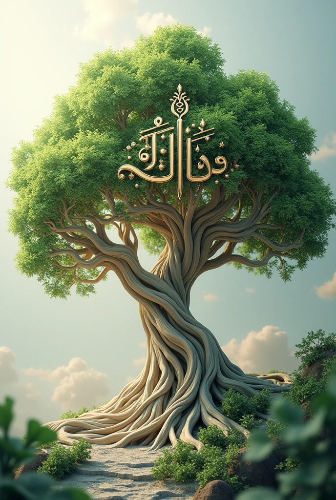 generate a beutyfull Islamice image a tree text on Allah 3d image