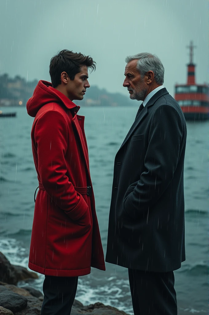 A young man who had an argument with his father and was waiting on the Bosphorus, wears a red coat, his father wears a suit, let the sea be wavy, let the weather be rainy, let the wind blow lightly