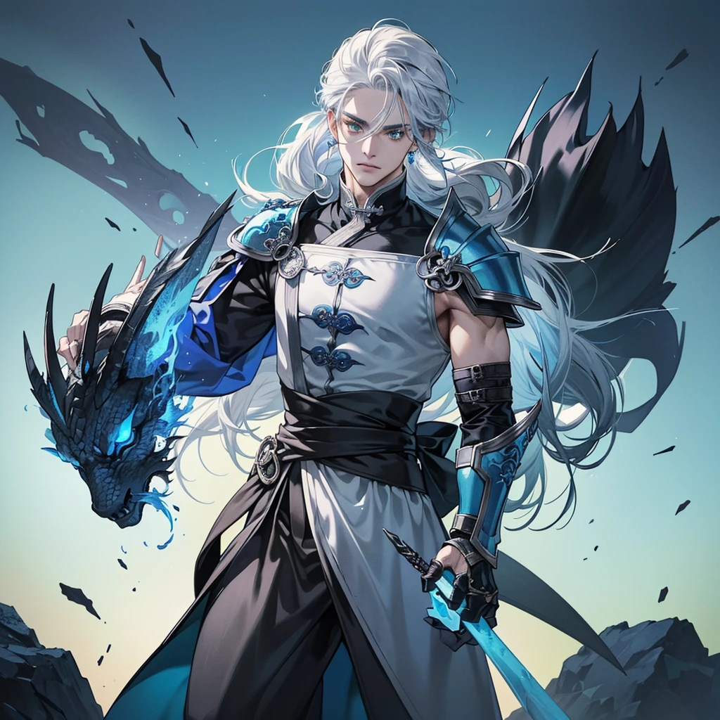 an anime man 1.80 tall (long silver hair) with (green eyes) with (a scar on his forehead in x) and (several runes on his body with a blue color but the most striking is one that resembles a dragon in its back) (a black tail
clothes (he wears a torn cloak and a chest piece together and shoulder pads made of old plates with a symbol of two dragons)
your weapon (it's a bow made of black steel with blue runes that attach to a blue stone in the middle of the bow)