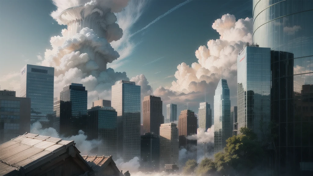 No humans, green theme, (a light bulb), green plants, modern city, distant blue sky and white clouds, 8k,