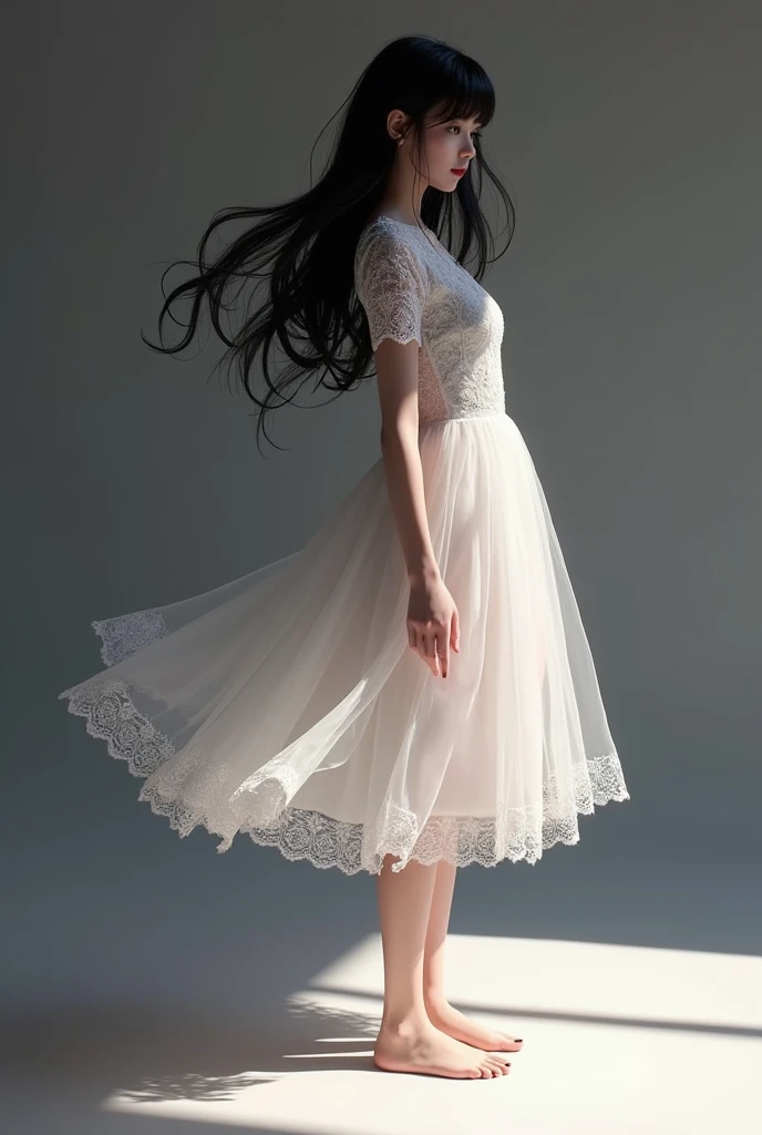 best quality,masterpiece,extremely detailed,high res,4k,ultra high res,detailed shadow,ultra realistic,realistic,dramatic lighting,1girl,solo,detailed face,realistic eyes,realistic skin,white dress,black hair,dynamic pose, white lace dress, full body, standing in a different pose