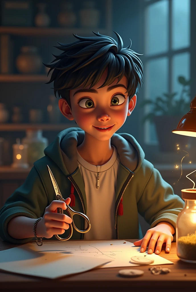 age boy witch holding scissor and art paper