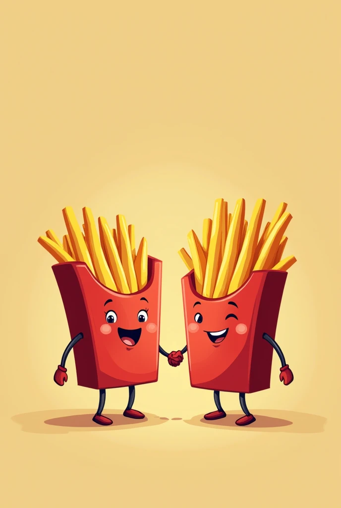 Cartoon drawing of French fries holding hands with a bottle of ketchup.