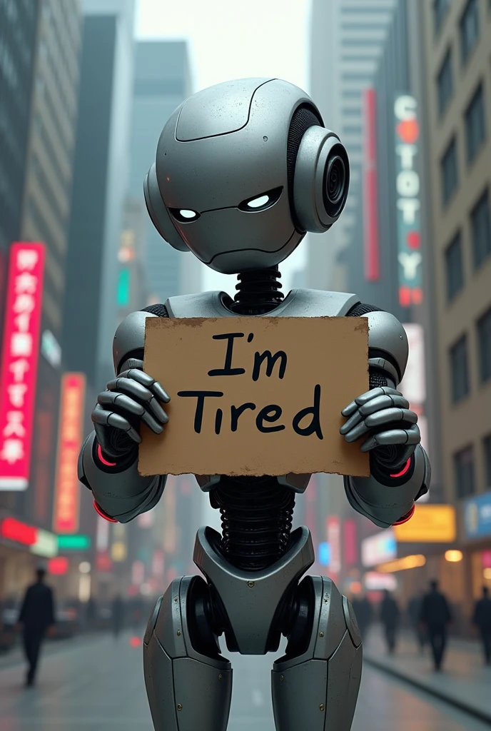 A robot with a sad expression in the city & holding a sign that says I'm Tired