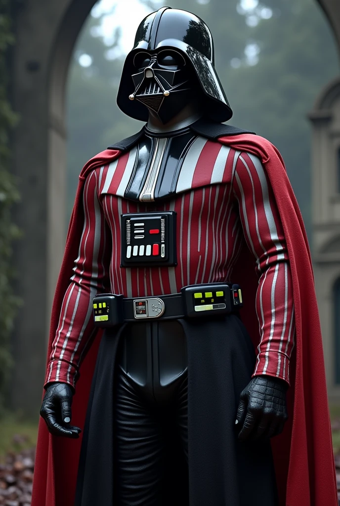 Darth Vader in a red and white shirt with a striped pattern