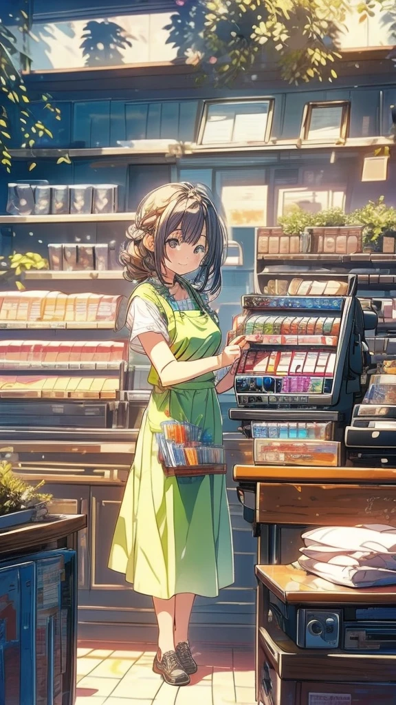 young woman,smile,((Standing inside the cash register)),Touching the cash register machine,Customer Service,((There is a cash register on the table)),(Scanning product barcodes at the cash register)),Supermarket clerk,Wearing an apron,uniform,((Working as a cashier)),((Cashier)),((cashier,register,)),((Receive money from customers)),There are products on the shelves,In the supermarket,Bright interior,grocery store
