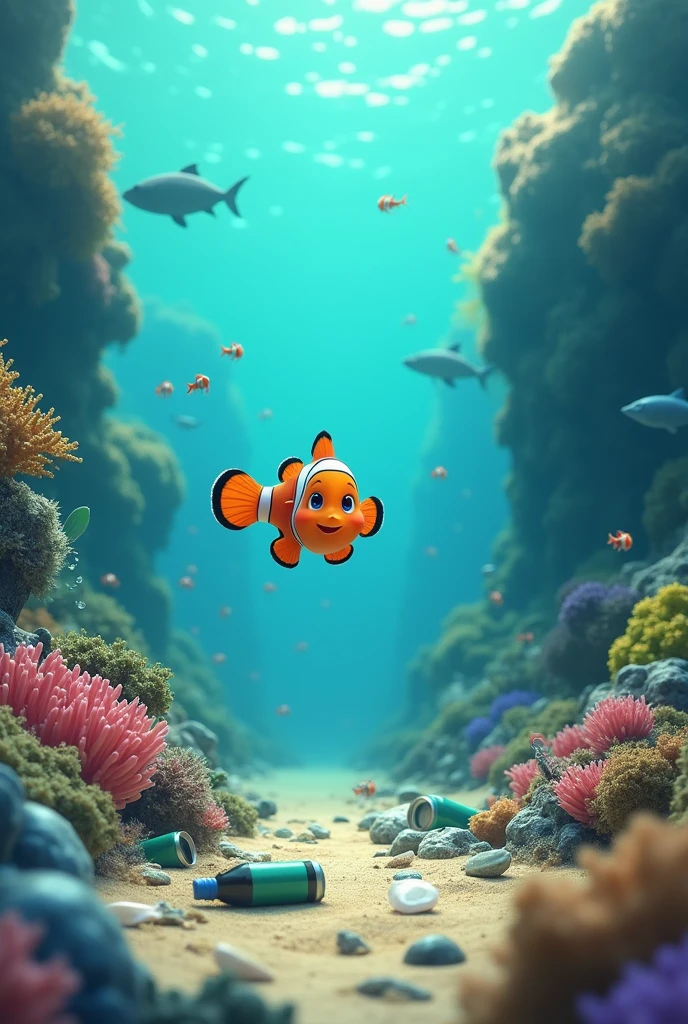 anime,In the sea,There is trash on the ground,A small fish finds trash