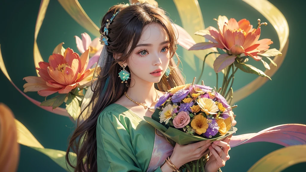 32K, 最高quality, 最高masterpiece, (ultra-Detailed Background, Detailed Background), High resolution, Super detailed, Very detailedな, One girl, (bouquet:1.3), (Tangled:1.2), (Geometric:1.2),(colorful),(masterpiece, quality, best quality, Official Art, Beautiful and beautiful:1.2), (1 girl:1.3), Very detailed,(colorful:1.1)(Flowers:1.3),Most detailed,(Tangled:1.2), whole body, (Abstract background:1.3), (Skin glows), (Many colors:1.4), ,(Earrings Jewelry:1.5), Light green background,