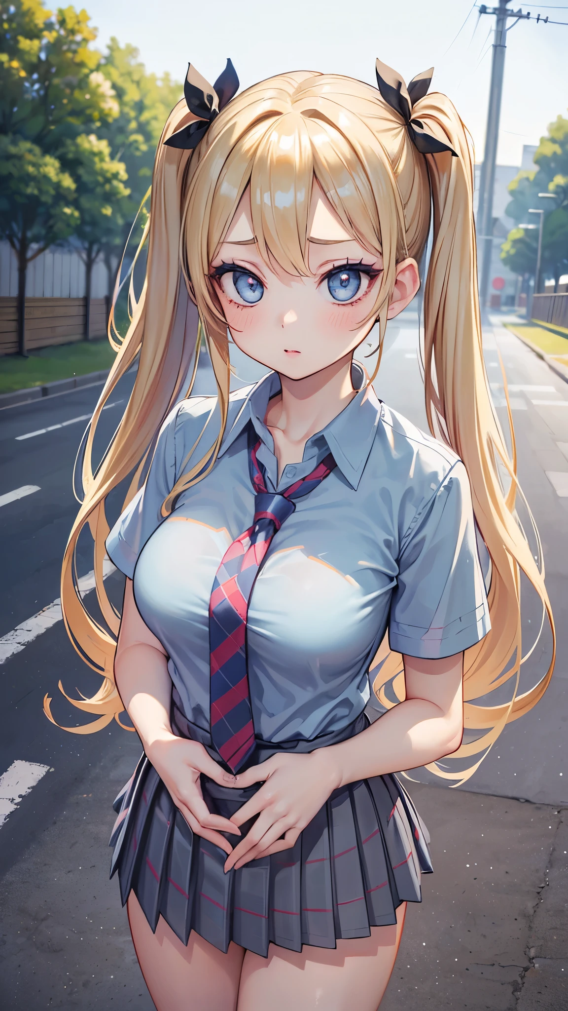 (masterpiece, 最high quality, 超High resolution, Very detailed), (Realistic:1.1, photoRealistic:1.4), Perfect illustration, Perfect lighting,Hair in perfect detail, Perfect and detailed face, Perfect collarbone, Perfect body,Juicy breasts, Perfect Thighs, Beautiful feet, View your viewers, 1 Girl,Perfect Face, (Perfect Anatomy, Anatomically correct), Symmetrical face、((Shiny Hair)),Sexy Body、(masterpiece),(最high quality：1.3),8k,Very clear,(Ultra-realistic),,Captivating woman,(high quality, High resolution, Fine details), Realisticなスタイルの女性,Juicy breasts、One perfect woman、Perfect Face、Symmetrical face、Baby Face、((Large Breasts))、Cleavage、blush、((Juicy lips))、(((Blonde twin tails)))、((Big double blue eyes、Long eyelashes))、((Red makeup))、(((Collared short-sleeved shirt、Light blue shirt、Grey plaid pleated skirt、Navy tie))、(((school uniform)))、(Outdoor、On the road)