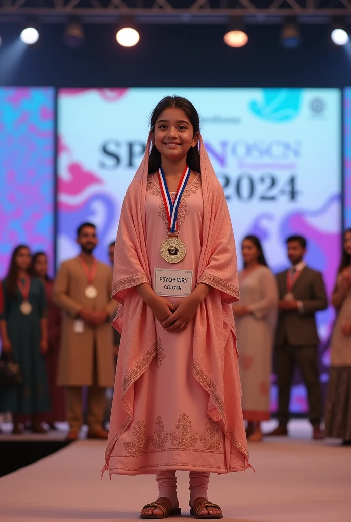 Create a photorealistic image of Dr.Fida (must include name tag) a young girl wearing a peach chikankari and a shawl around her head winning a medal for a psychiatry quiz on a stage with delegates with a background of SIPSCON 2024 written on it