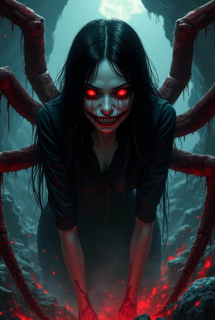 Create a creepy image of a yokai in the style of manga artist 御茶漬海苔. The yokai is a blood spider woman with a giant spider body, a human face, glowing red eyes, Sharp fangs, blood-stained tentacles, long black hair, and a form shrouded in darkness. The background is a dark underground cave, emphasizing shadows and a menacing atmosphere.