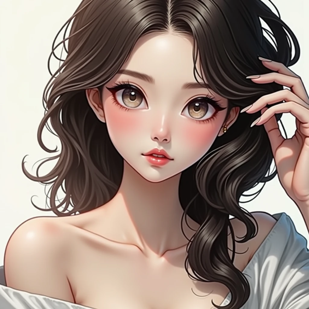 A lovely Chinese beautiful woman, delicate and sexy collarbone, charming goose egg face, double eyelids, smart peach blossom eyes, pink lips, small upturned nose, bare shoulders, plump buttocks, beautiful long legs, focused face, face close-up, ultra HD, super detail, full body photo, ultra-thin light transmission optimal ratio four fingers and one thumb, horse face skirt