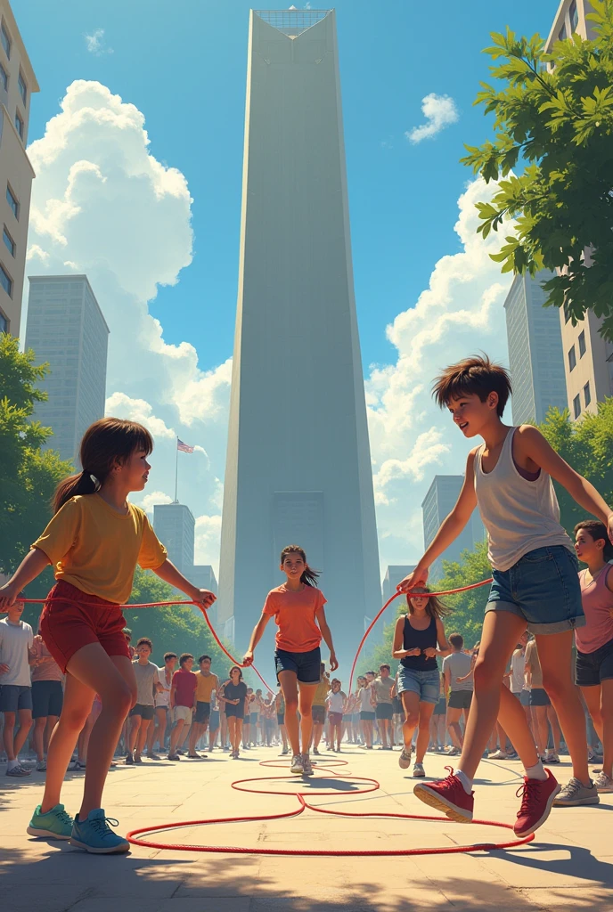 People playing double dutch with Monolith What is double dutch?、It is a long rope skipping game using two ropes.。
