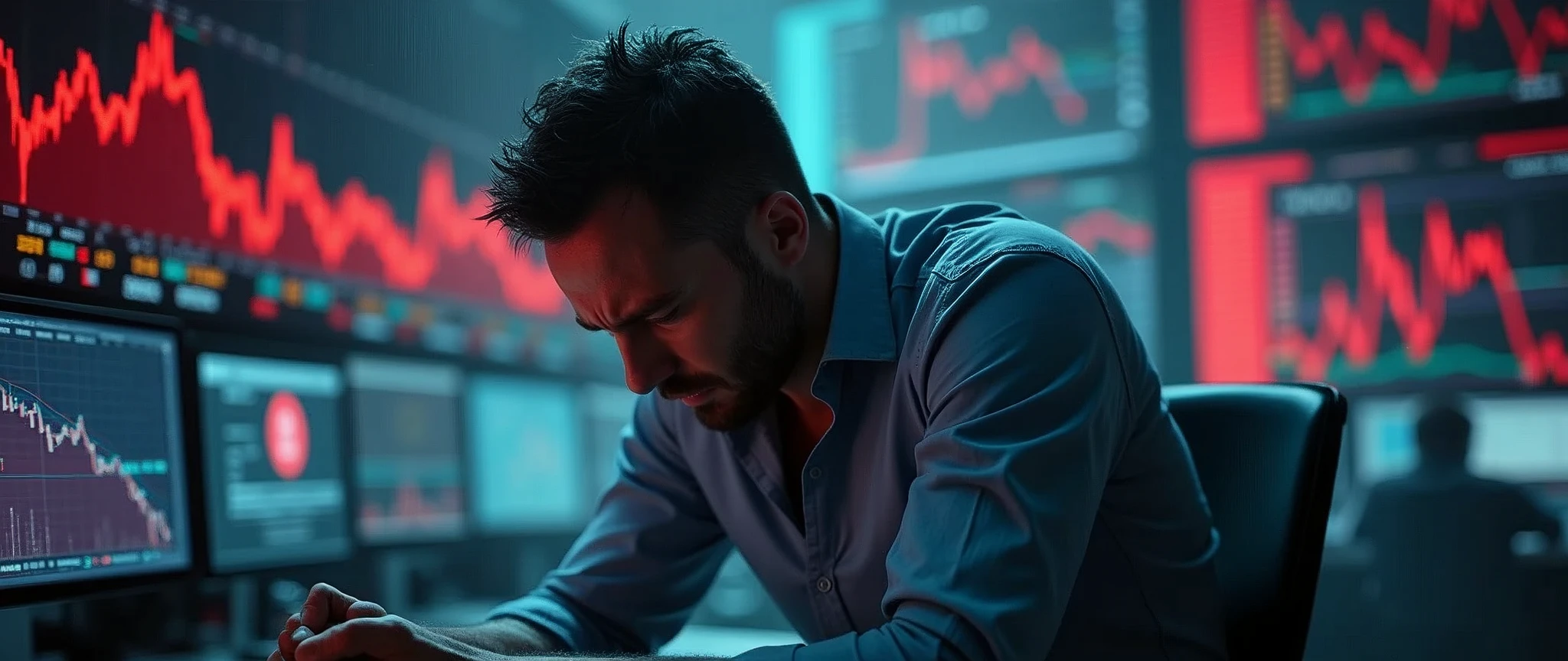 stressed stock exchange trader, overwhelmed and distraught, struggling to comprehend a sudden stock market collapse, surrounded by screens displaying plummeting red graphs and negative ticker information, financial crisis concept vividly portrayed with a stock broker in despair, intense focus on the emotion of shock and frustration, dark and tense atmosphere with harsh lighting emphasizing the urgency and severity of the situation, real-time data flashing in the background, capturing the chaos and anxiety of a market crash