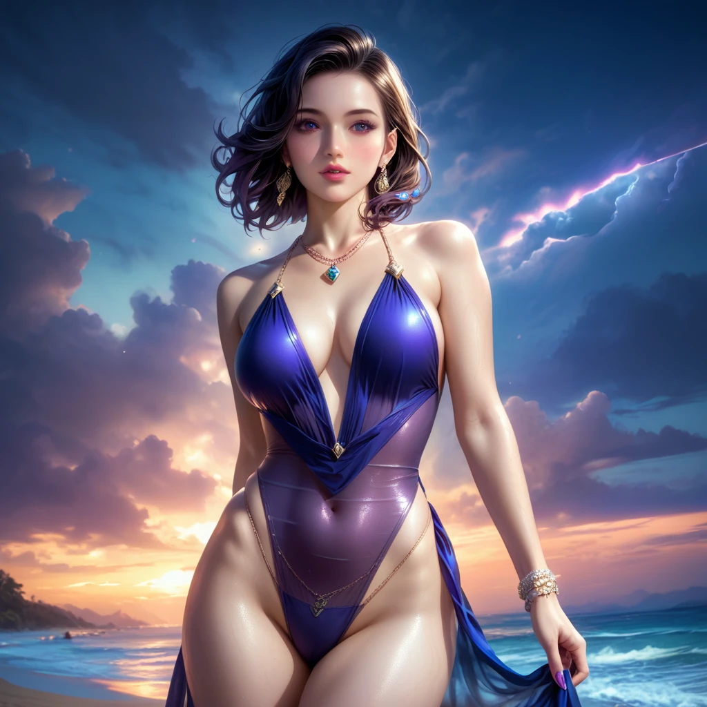 score_9, score_8_superior, score_7_superior, A masterpiece in 32K resolution,Highest quality,it is really amazing,Very detailed,Ultra-high resolution,Ultra-realistic,Realistic,Increased depth of field,Cinematic lighting,
Elegant mature Japanese woman,
black straight medium hair,Ultra-detailed and beautiful face,Calm expression,Translucent white skin,Realistic skin texture,Great proportions,
Sexy high leg dress swimsuit,
Luxurious design,Chic color patterns,Beautifully detailed decoration,Detailed fabric texture,
Gorgeous necklace,Earrings,
Dark skies before the storm,Dark clouds covering the dark sky,Thunderclouds rolling in,Coastline at night,Stormy seas,delay々A desolate sandy beach that continues,
Dramatic Angle,