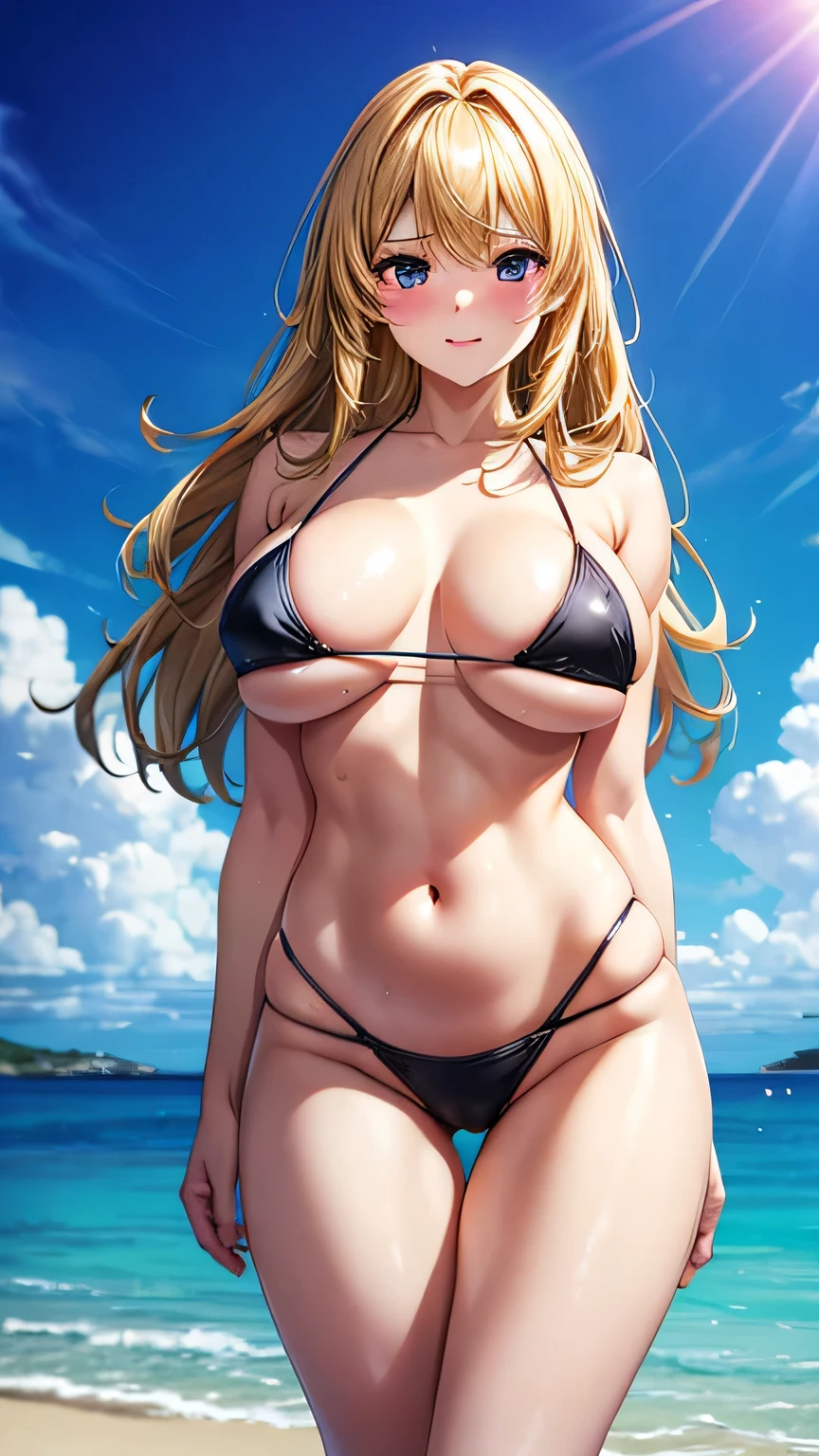 1girl, Beautiful blonde slut, Detailed face, Detailed body, black eye, Thick long black hair, Huge breasts, Wide Hips, Thigh Gap, Small waist, Big Tits, Tight and hard nipples, Sexy latex, Walking on the beach, Ocean Waves, Golden Sand, Warm sunshine, Realistic, High resolution, Cinema Lighting, Vibrant colors, Detailed skin texture, masterpiece, 最high quality, high quality, High resolution、White micro bikini set