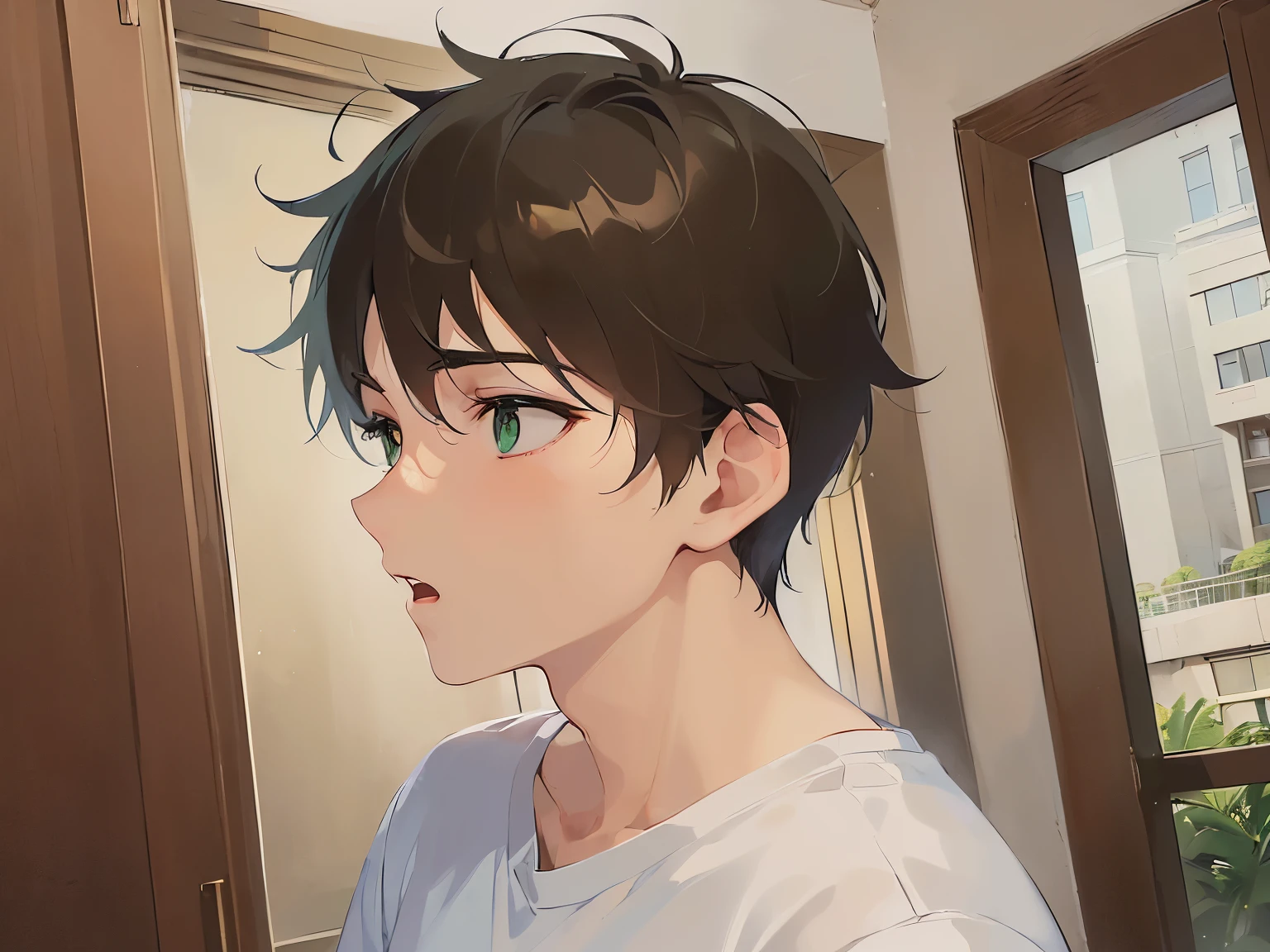 (night:1.5), side angle, (looking away:1.5)、upper body、 masterpiece、Highest quality、(25-year-old male:1.5) and (Brown short hair) and (green eyes), White T-shirt、 Are standing、surprised、open mouth, The background is a hotel room、alone、Upper body is shown