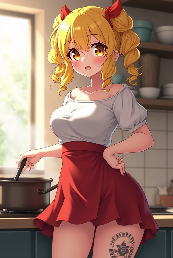Anime girl with big breasts, yellow hair tied on both sides, curls that touch her shoulders and is wearing a white dress on top and red on the bottom, yellow eyes and is cooking soup with a big butt and big breasts, she is small and has her skirt up and you can see her ass with a tattoo on her buttock and she is small, she is a girl