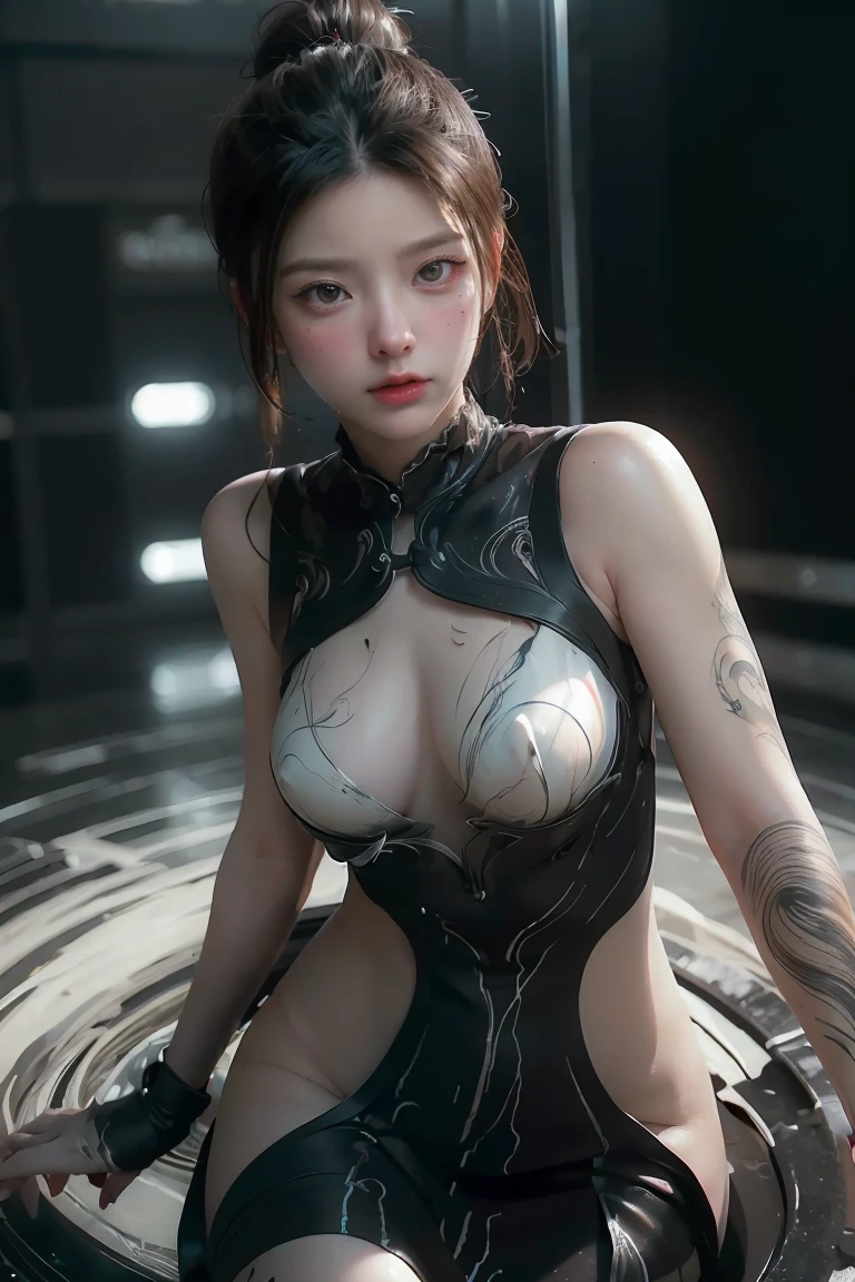 ((masterpiece, best quality)), ultra detailed 8k, photorealistic, sharp focus, highly detailed, professional lighting , shadowmancer, photo of a woman, ink particle, ((swirling black ink floating around)), futuristic fantasy, futuristic white dress, dynamic pose, realistic, masterpiece, intricate details, detailed background, depth of field,