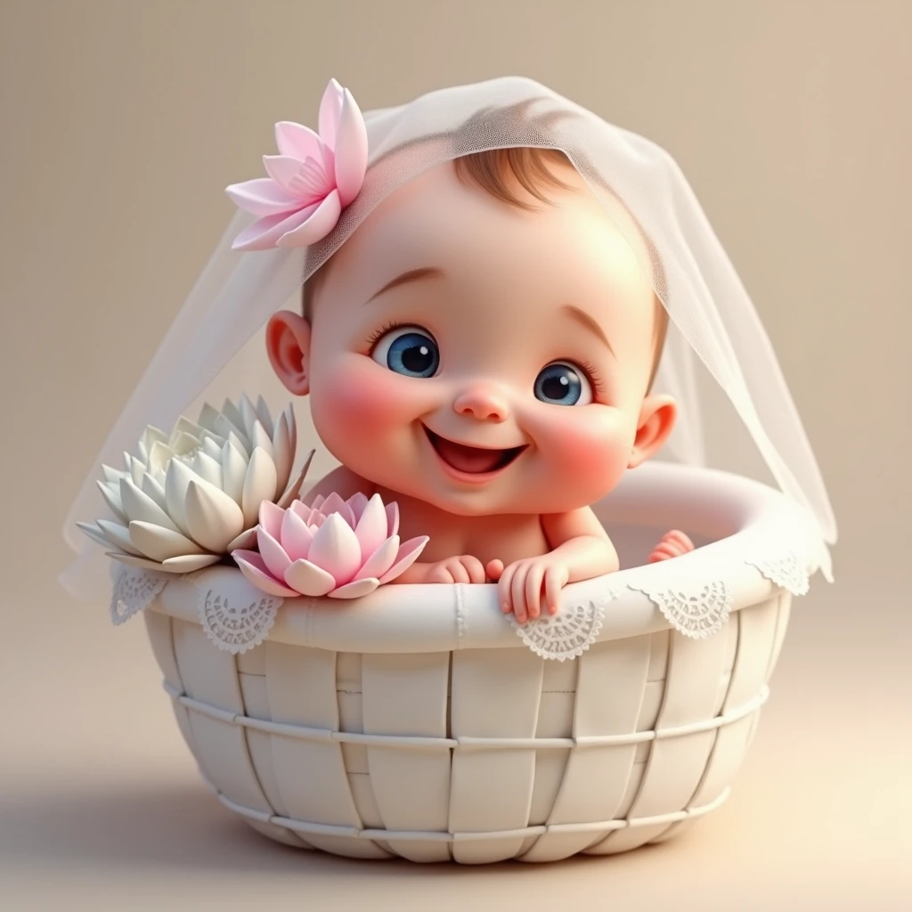 on a light background, Funny Newborn Baby , rosy-cheeked, Very fat, The eyes are blue, smiles and looks at the viewer, in a white basket, whitish on the sides , transparent lace, frill, next to a white lotus flower, covered with a transparent veil, a transparent pink on the side of the head , 8 K (masterpiece), ((top quality)), (super detailed), arms and legs folded funny, evokes a smile and laughter,