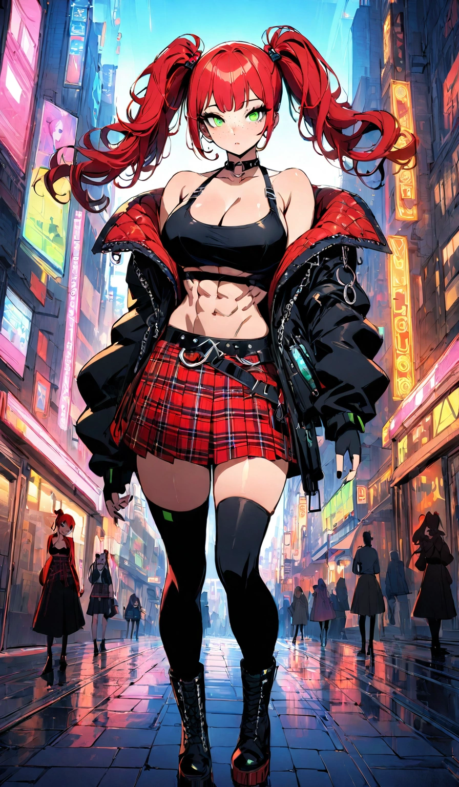woman, curly red hair in pig tails, green eyes, black eyeshadow, wearing crop top black shirt, long black jacket, red plaid skirt, (black knee high boots), black fingerless gloves, exposed shoulders, large breasts, freckles, abs, cleavage, looking at viewer, masterpiece, best quality, Holo-Punk Style, in the city