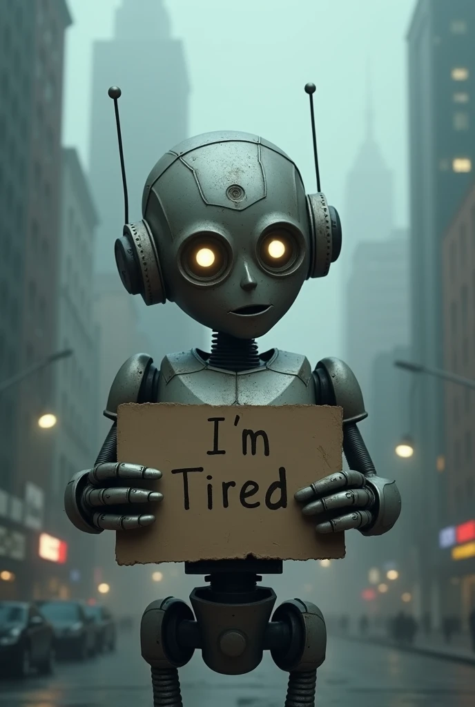 Robot with sad expression in foggy city & holding a sign that says I'm Tired