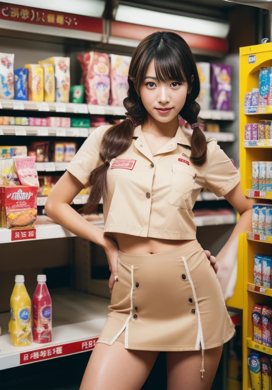 (masterpiece: 1.3), (8k, Realistic, RAW Photos, Highest quality: 1.4), A beautiful 20-year-old Japanese woman working at a convenience store, (Random Hairstyles: 1.2), Ultra Detail Face, Eye on the details, double eyelid, Sharp focus: 1.2, Beautiful woman: 1.4, Light brown hair, Highest quality, masterpiece, Ultra-high resolution, (Realistic: 1.4), Ahegao, Shining Sweat, Camel Toe。Shining Sweat, thin, Serious expression, Camel Toe。(Convenience store uniform)、(Inside a Japan convenience store、Slim legs, Slim thighs, Cowboy Shot, Shot with Hasselblad, Cinematic lighting, (((Perfect beauty))), mini skirt、